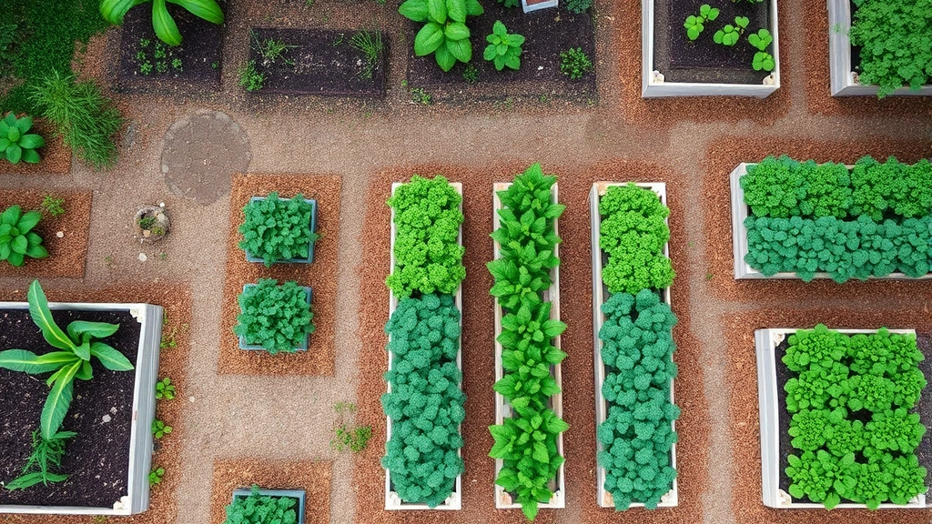 Aerial view of a well-maintained residential vegetable garden with organized raised beds, mulch pathways, and thriving plants in neat rows