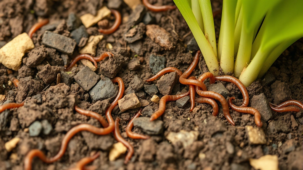 Close-up of healthy garden soil rich with earthworms, organic matter, and beneficial insects among composted materials and plant roots