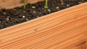 Close-up of weathered cedar wood grain texture in a raised garden bed, showing natural reddish-brown tones and wood details with soil visible inside, professional garden photography