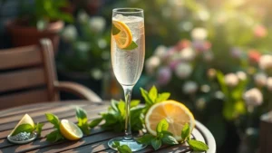 Elegant champagne flute filled with sparkling botanical cocktail, surrounded by fresh mint leaves and lemon wheels on outdoor garden table with soft afternoon sunlight