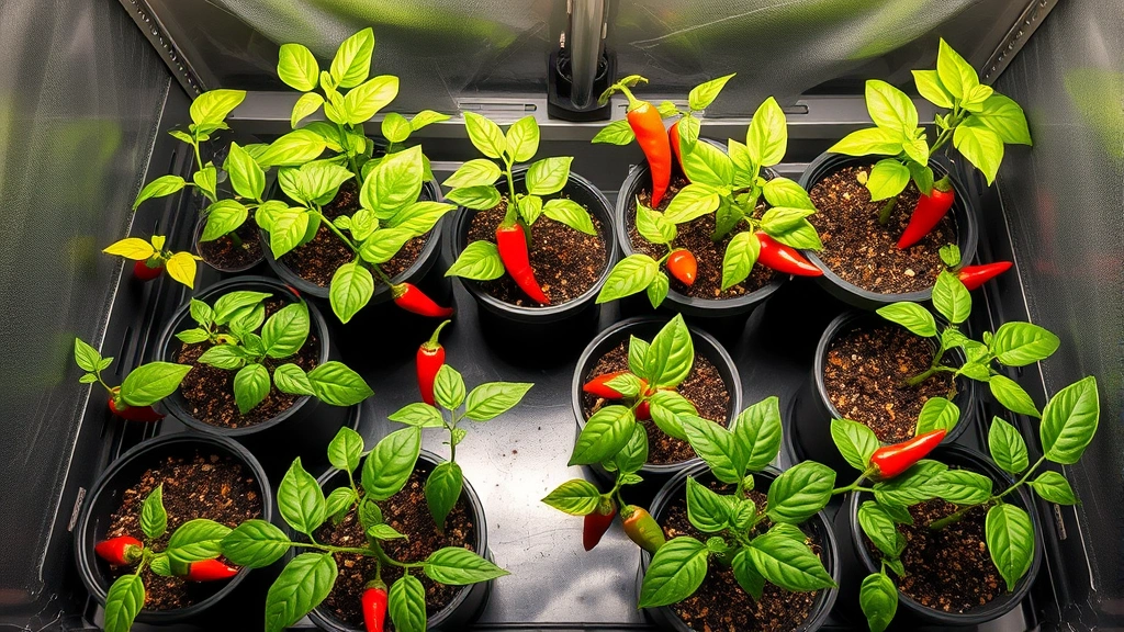 Overhead view of multiple potted chili pepper seedlings in various growth stages under bright grow lights indoors with humid environment setup