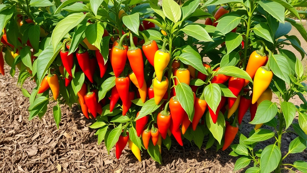Mature chili pepper plants laden with ripe peppers in warm garden bed with mulch, showing lush foliage and abundant fruit production ready for harvest