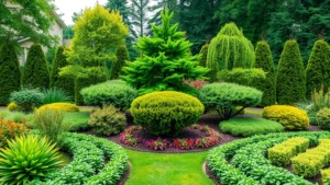 Asymmetrical garden with layered plantings showing specimen tree, shrubs, and ground covers creating natural depth and visual balance in a residential landscape