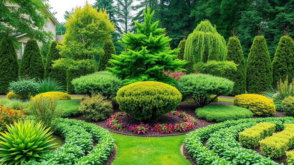 Asymmetrical garden with layered plantings showing specimen tree, shrubs, and ground covers creating natural depth and visual balance in a residential landscape