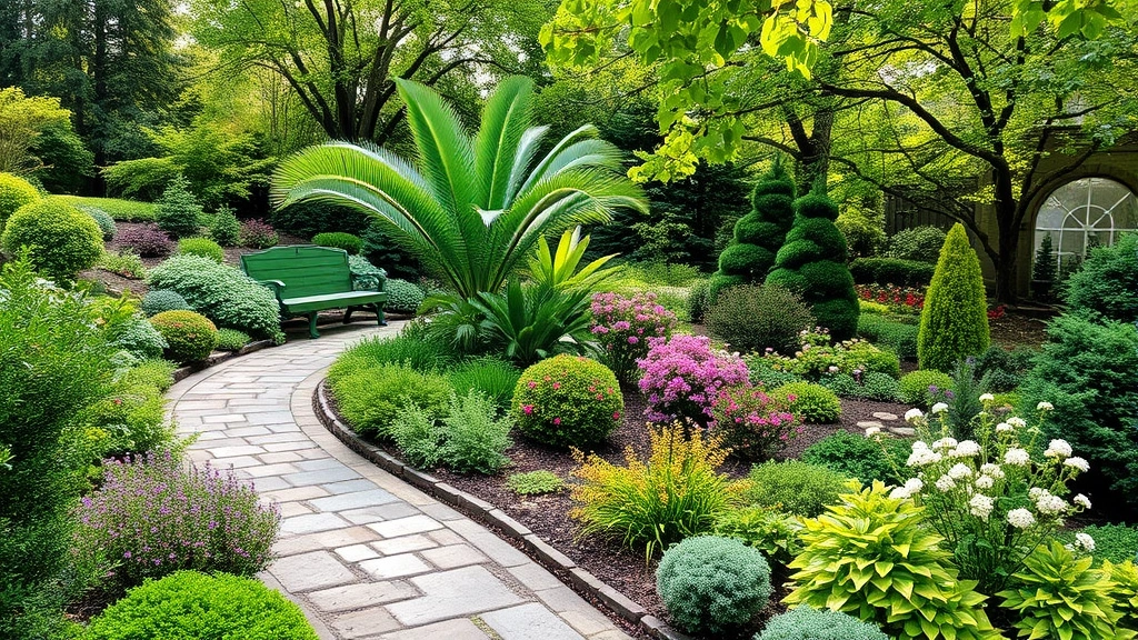 Curved stone pathway winding through mature garden with diverse plantings, seating area nestled among flowering shrubs, dappled shade from canopy trees