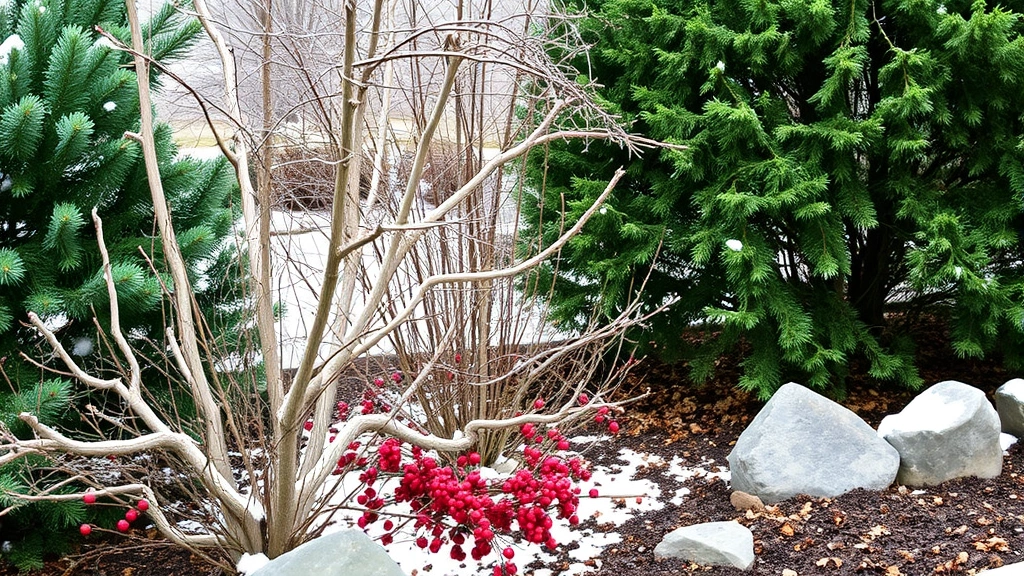 Winter garden scene showcasing evergreen structure, interesting bark textures, persistent berries, and hardscape elements creating visual interest during dormant season