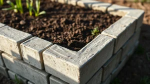 Close-up of stacked concrete cinder blocks forming corner of raised garden bed, showing texture and alignment, with rich dark soil visible inside, afternoon sunlight casting shadows across blocks