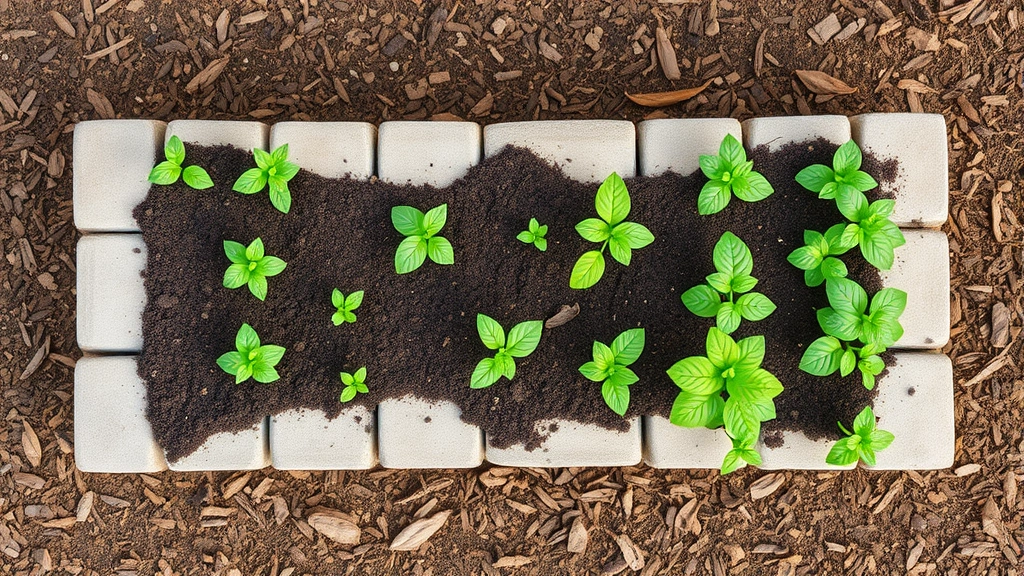 Overhead view of completed rectangular cinder block garden bed filled with layered soil mixture, vibrant green seedlings and young plants at various growth stages, mulch covering soil surface