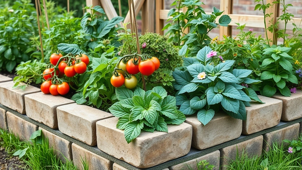 Side profile of mature cinder block garden bed bursting with healthy vegetables including tomato plants with stakes, leafy greens, and flowering herbs, morning dew on foliage, wooden trellis structure visible