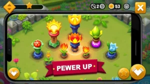 Vibrant mobile game interface showing colorful plant-based tower defenders arranged strategically on a garden battlefield, with glowing power-up effects and code redemption screen visible