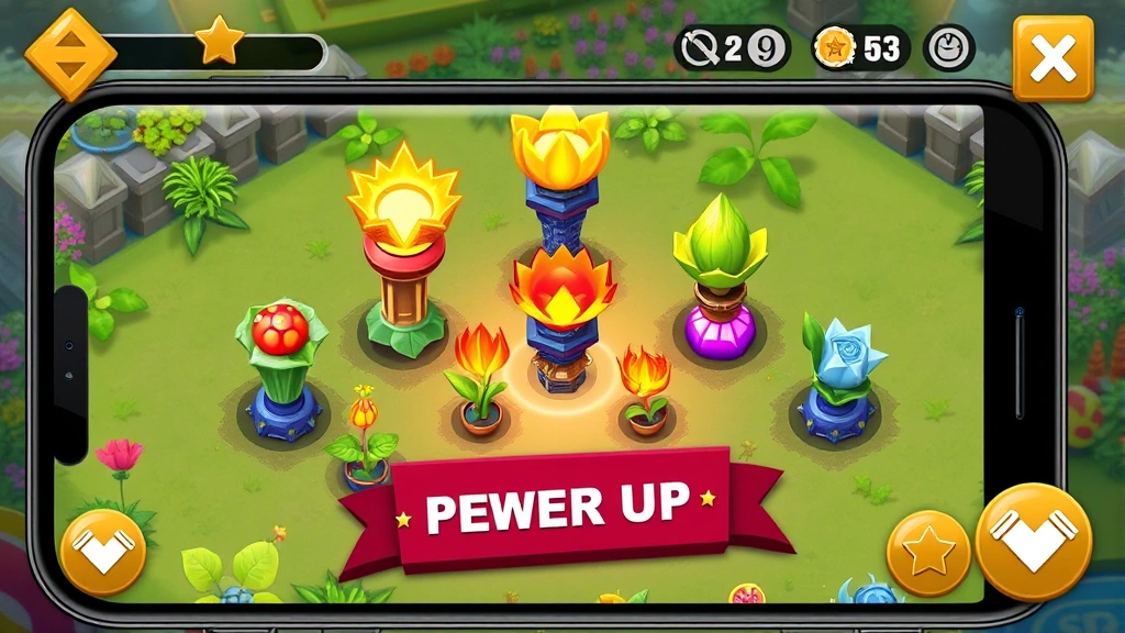 Vibrant mobile game interface showing colorful plant-based tower defenders arranged strategically on a garden battlefield, with glowing power-up effects and code redemption screen visible