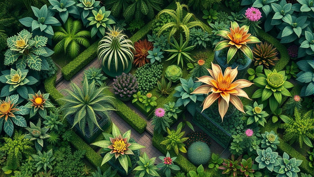 Detailed overhead view of diverse botanical defenders in tower positions across a lush garden landscape, featuring various plant species with special ability indicators and defensive formations