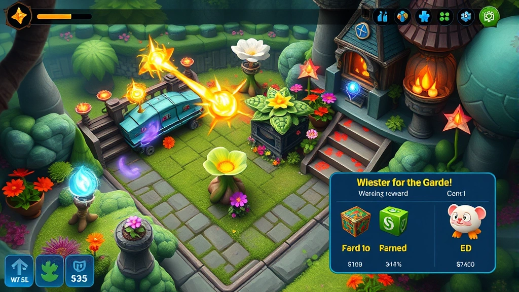 Close-up of a fantasy garden tower defense battle scene with magical plant defenders casting abilities, seasonal environmental effects, and reward notifications displaying earned currency and cosmetic items