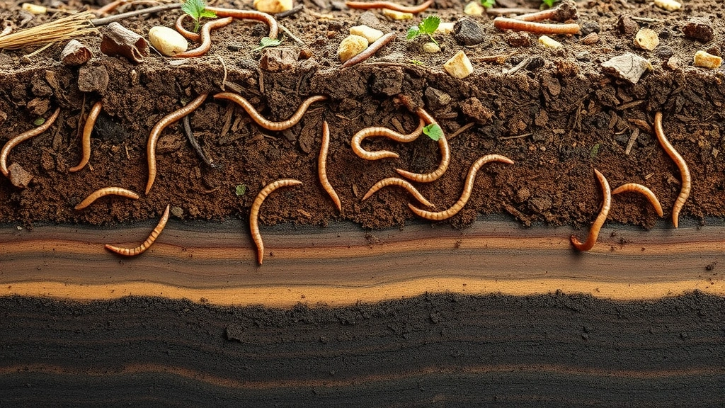 Cross-section view of a layered raised garden bed showing alternating brown and green composting materials with visible decomposition stages, earthworms, and rich dark humus forming at bottom layers, realistic soil texture and organic matter