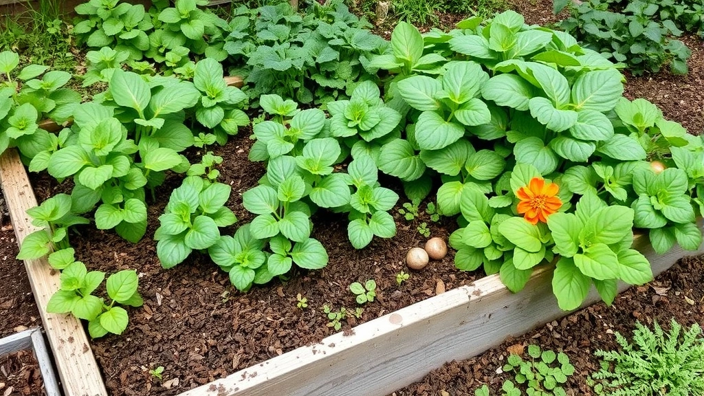 Mature raised garden bed overflowing with healthy green plants and vegetables growing from rich composted soil, showing visual results of successful in-situ composting with dense foliage and vibrant plant growth