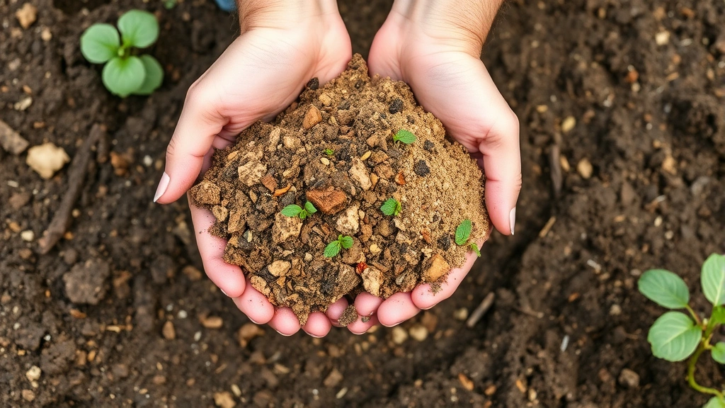 Hands holding aged manure and compost mixture over open garden soil, demonstrating organic amendment application in vegetable garden setting