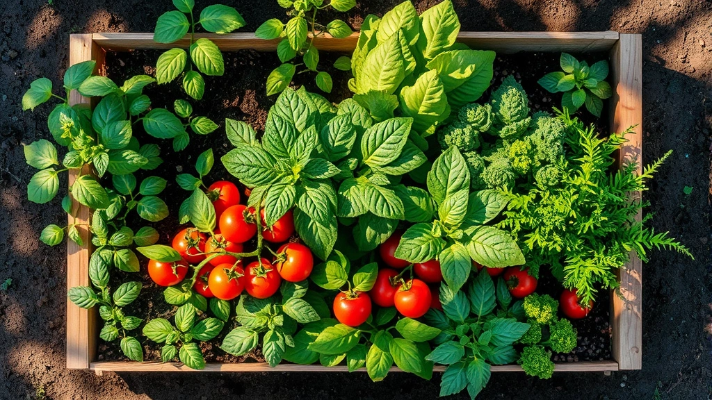 Overhead view of a thriving 4x8 composite raised garden bed filled with diverse vegetables including tomato plants with red fruits, leafy greens, peppers, and herbs growing together in rich dark soil, morning sunlight illuminating the garden with dappled shadows from nearby trees