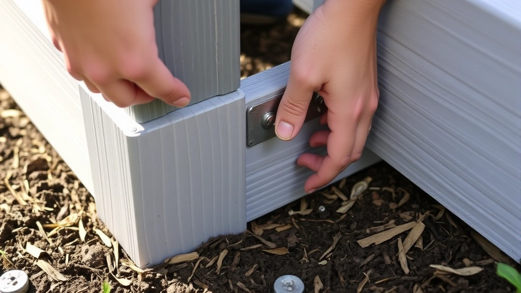 Close-up detail of composite garden bed corner joint showing metal brackets and fasteners, with hands performing maintenance inspection, weathered silvery-gray material texture visible, garden soil and mulch surrounding the base