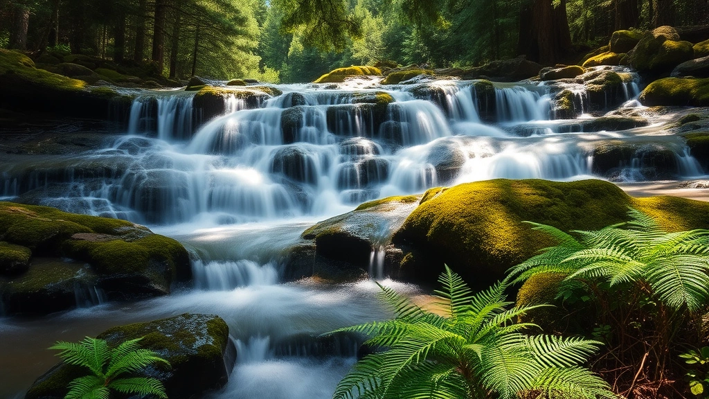 Cascading waterfall flowing over moss-covered rocks with native ferns and shade plants in foreground, misty water droplets illuminated by dappled sunlight filtering through pine and oak canopy