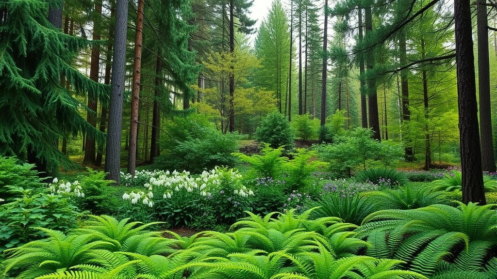 Layered forest garden composition showing tall evergreen pines, hardwood understory trees, flowering shade plants including trilliums and woodland asters, and lush green fern groundcover in natural habitat
