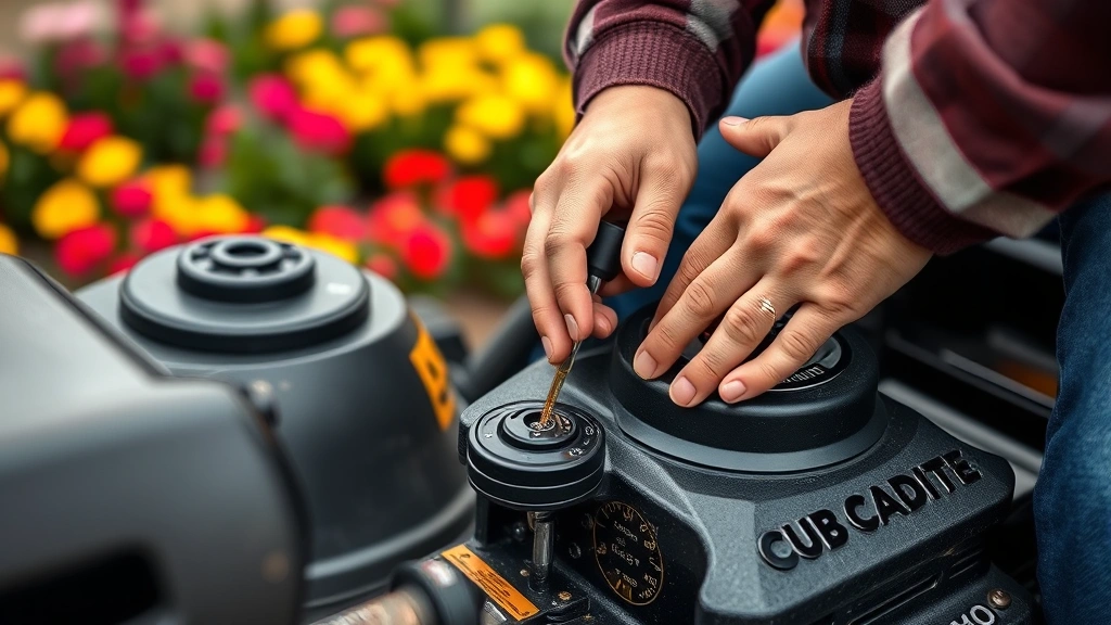 Close-up of hands checking engine oil level on a Cub Cadet garden tractor, dipstick visible, vibrant garden beds blurred in background