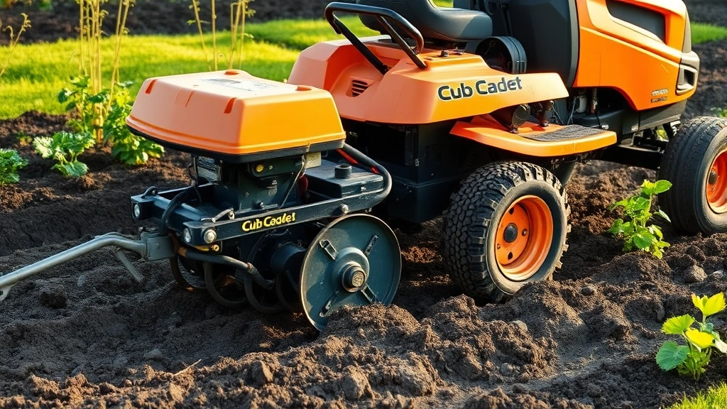 Wide shot of a well-maintained Cub Cadet garden tractor with attached tiller implement working in prepared garden soil, morning light, healthy plants visible nearby