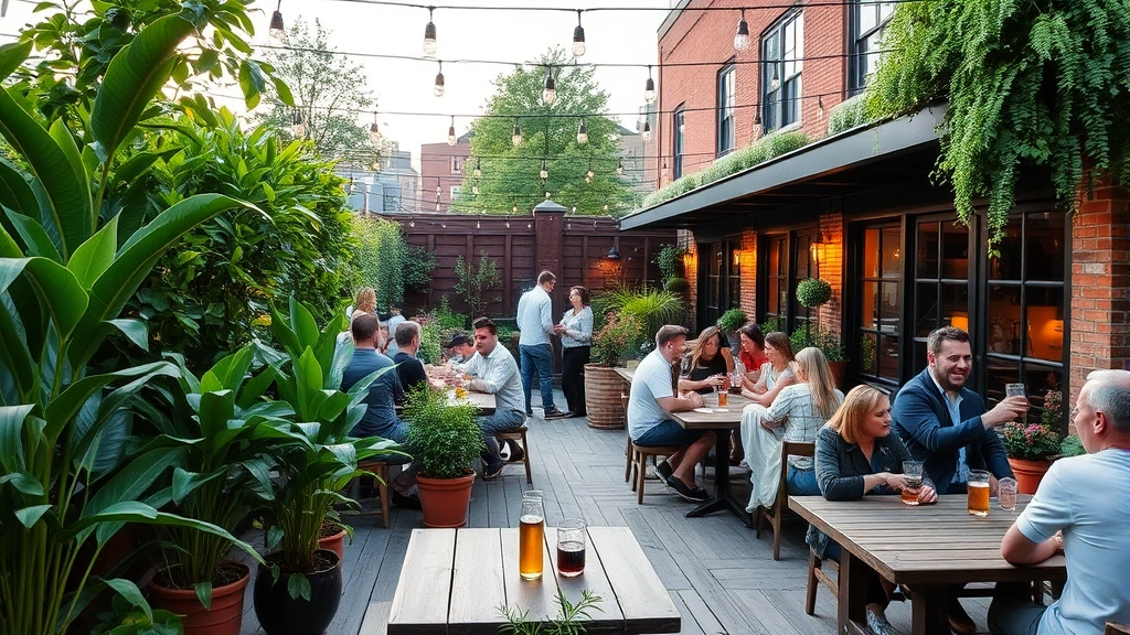 Dacha Beer Garden Navy Yard outdoor patio with abundant green potted plants, string lights overhead, wooden communal tables, patrons enjoying drinks in natural evening light, lush greenery creating garden atmosphere