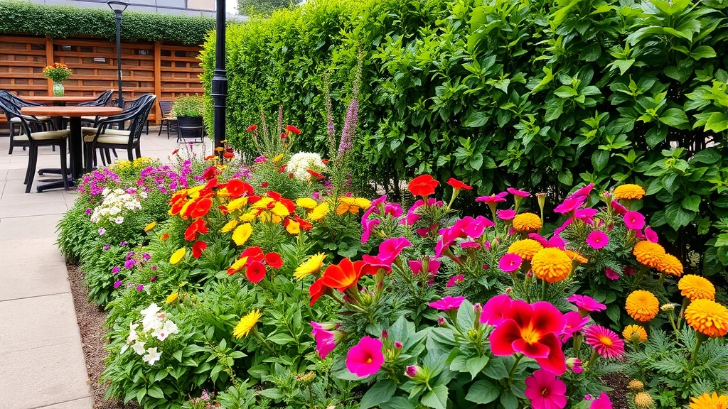 Close-up of seasonal flower beds and ornamental plants at beer garden, colorful blooms including petunias and marigolds, well-maintained landscape beds bordering seating areas, green foliage creating natural privacy screens