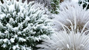 Snow-covered evergreen shrubs and ornamental grasses in a winter garden landscape with frost-covered branches and ice formations on foliage