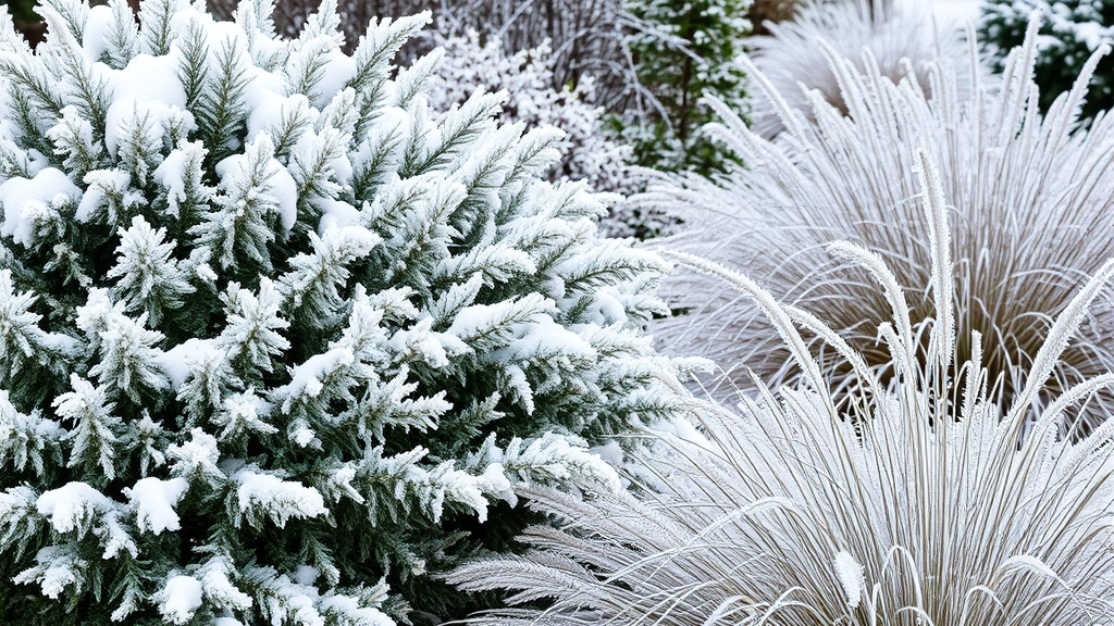 Snow-covered evergreen shrubs and ornamental grasses in a winter garden landscape with frost-covered branches and ice formations on foliage