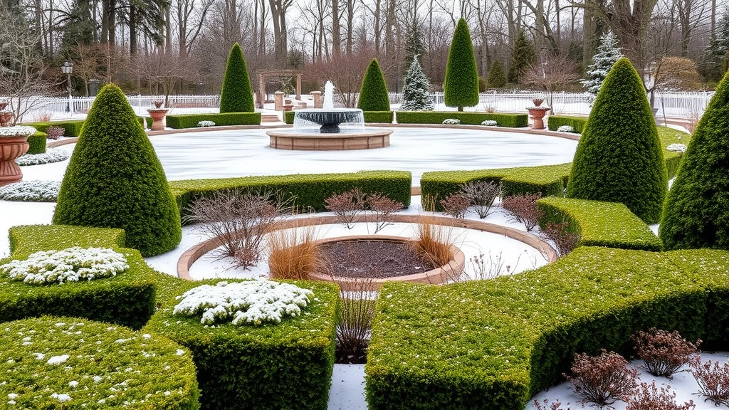 Formal winter garden beds with boxwood, evergreen specimens, and dormant perennials near a frozen water feature or skating area