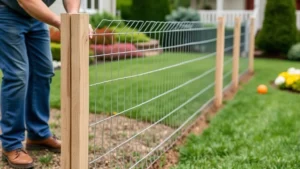 Professional installation of galvanized woven wire deer fence in residential garden setting, showing proper post placement and ground-level attachment, with manicured landscape in background