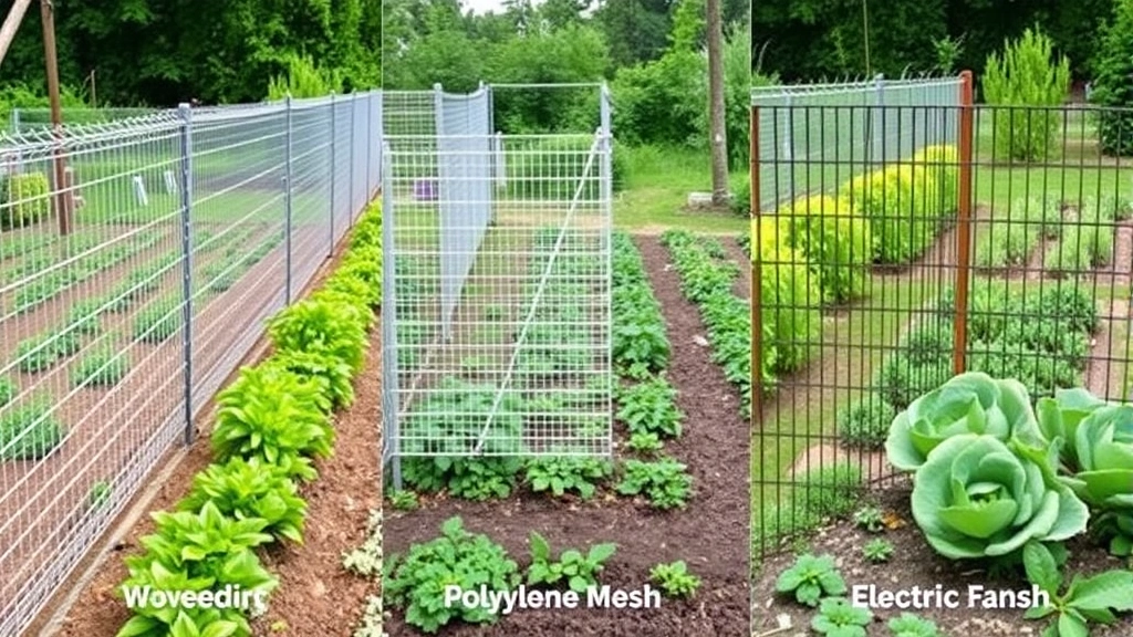 Comparison view of different deer fence types side-by-side including woven wire, polypropylene mesh, and electric fencing installations in active garden beds with vegetables