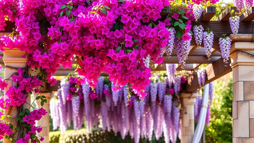 Cascading bougainvillea flowers in vibrant magenta covering a stone pergola with wisteria vines intertwined, morning light
