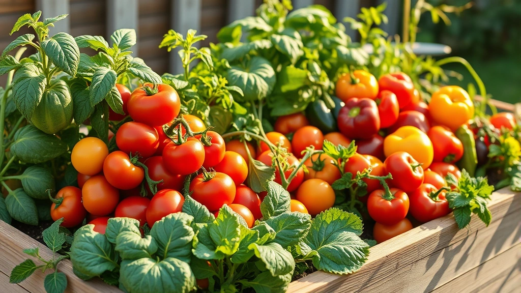 Vibrant raised garden bed filled with colorful vegetables including tomatoes, peppers, and leafy greens with morning sunlight illuminating the plants