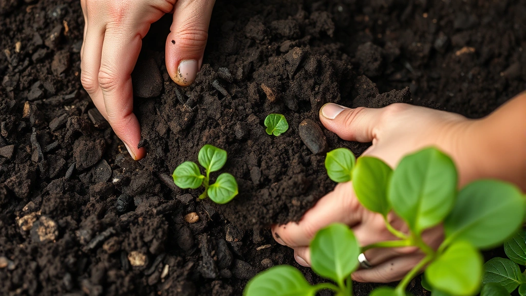 Close-up of rich dark garden soil with hands working compost into the earth, showing soil texture and organic matter