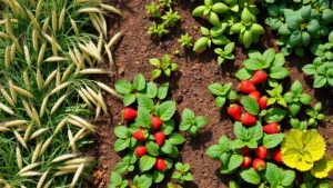 Overhead view of a colorful raised bed garden with rows of wheat plants, strawberry plants with ripe red berries, blueberry bushes, and basil plants growing together in organized sections, sunlight filtering through