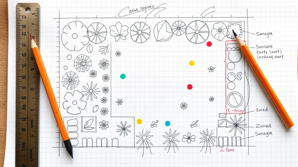 Overhead view of a detailed garden layout sketch on graph paper with pencil, ruler, and colored plant placement markers showing sunlight zones and measurement annotations