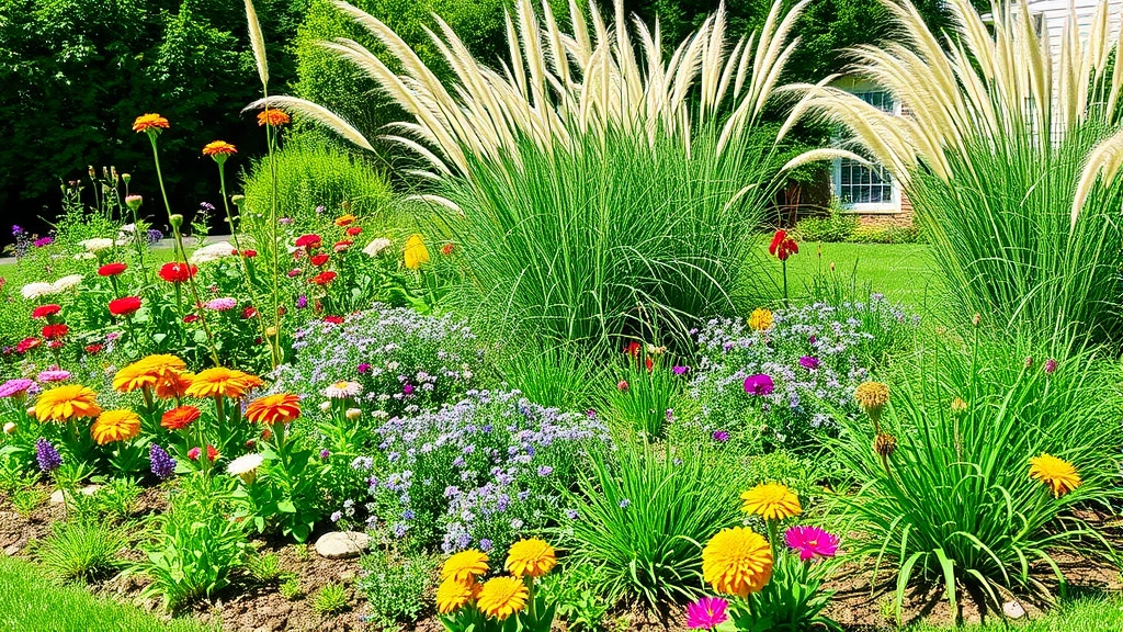 Sunny residential garden bed with mixed perennials and ornamental grasses at various heights, showing proper plant spacing and mature growth patterns in full bloom