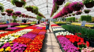 Vibrant spring garden center display with colorful annual flowers in organized rows, hanging baskets overhead, natural sunlight streaming through greenhouse, customers browsing plants