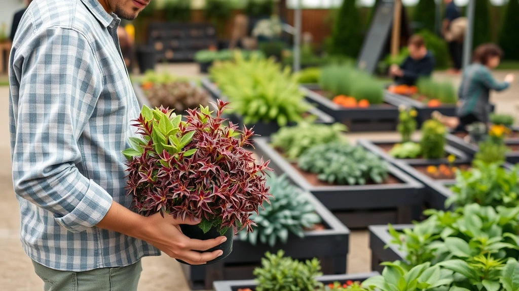 Customer selecting plants at outdoor garden center, holding potted perennial, examining foliage, with raised beds and landscape materials visible in background