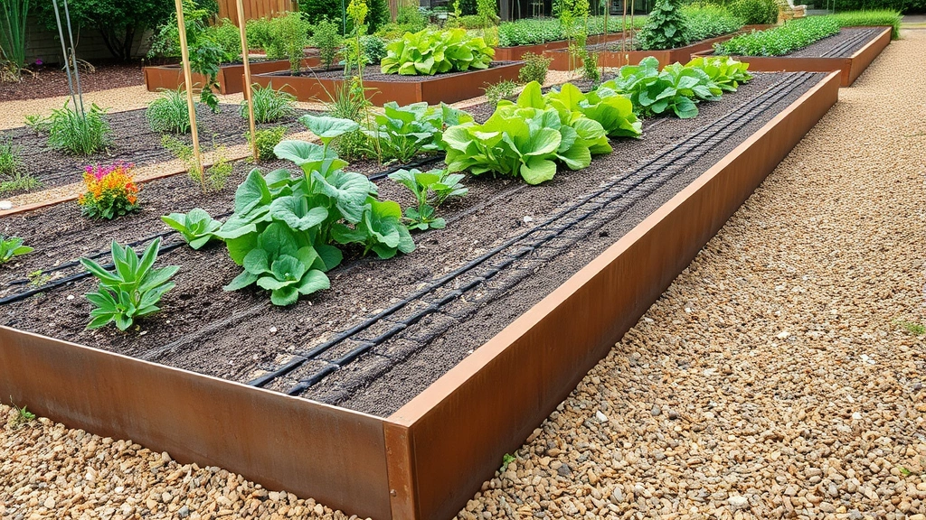 Finished garden edge showcasing metal Corten steel edging alongside a vegetable garden with raised beds, defined borders, and mulched pathways creating geometric garden design