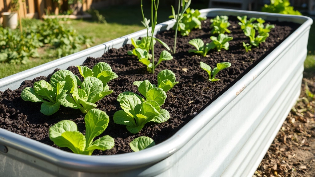 Galvanized metal elevated garden bed filled with rich dark soil and vibrant green lettuce, spinach, and herb plants growing in a sunny backyard with afternoon shadows
