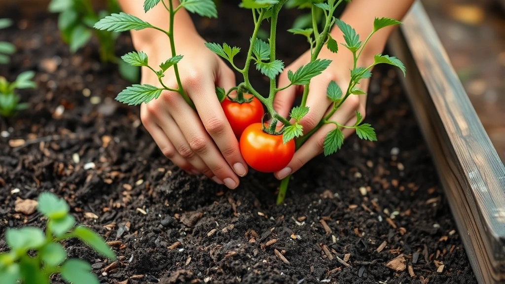 Close-up of hands planting tomato seedlings in an elevated garden bed, showing the ergonomic height advantage and quality garden soil texture with mulch layer visible