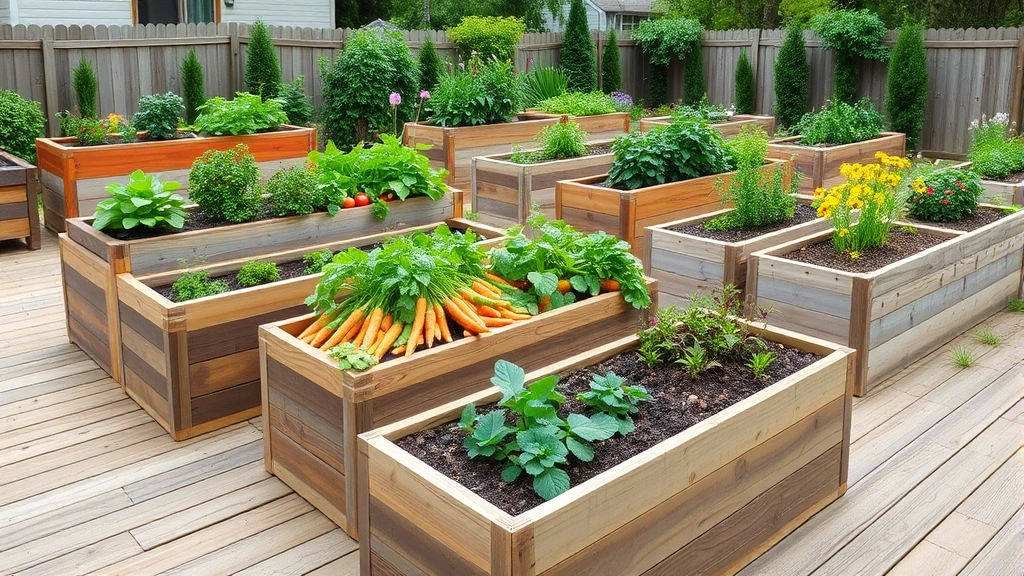 Wide view of a tiered backyard garden featuring multiple elevated beds of different heights with colorful vegetables including peppers, carrots, and flowering herbs on a wooden patio