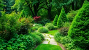 Lush emerald garden with layered plantings of hostas, Japanese maples, and evergreen shrubs creating depth and texture, dappled shade filtering through canopy trees, natural stone pathway winding through dense foliage