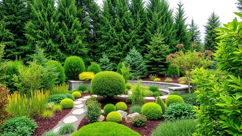 Completed emerald garden design showing multi-layered composition with tall evergreens in background, mid-story shrubs and small trees, herbaceous layer of perennials and groundcovers, natural stone edging and mulched beds, peaceful seating area nestled within verdant plantings