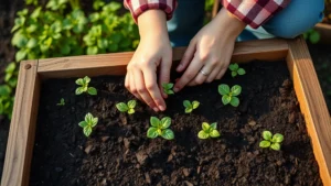 Wide overhead shot of a beginner gardener's hands planting seedlings in rich dark soil within a wooden raised garden bed, spring morning light, blurred green foliage background