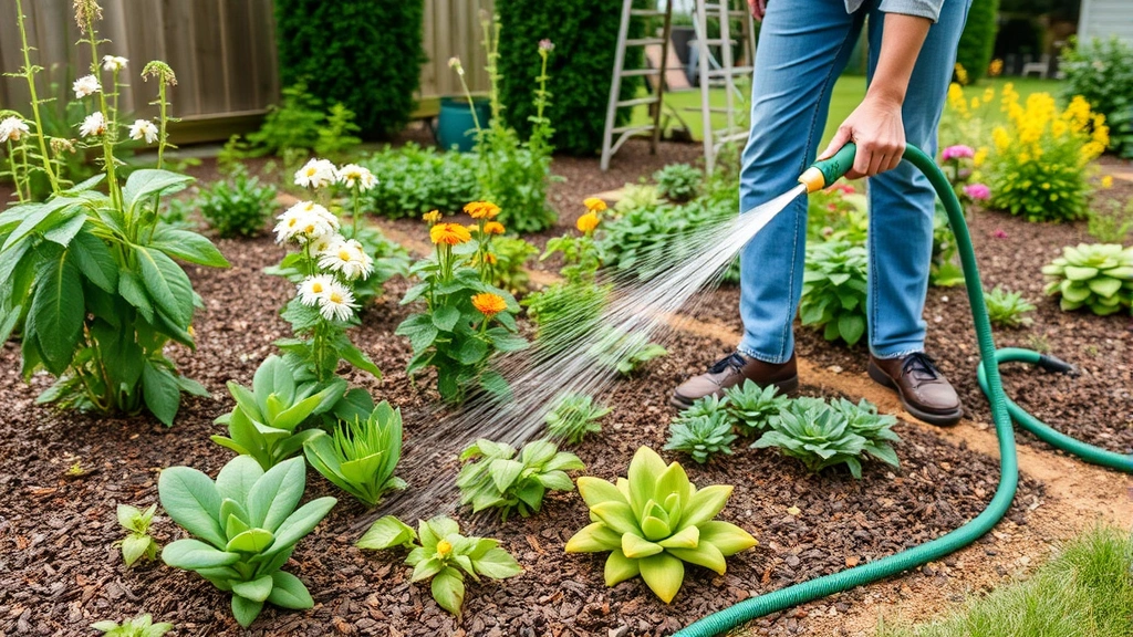 Gardener watering established garden bed with soaker hose at ground level, mulched soil visible, flourishing plants with flowers and vegetables, peaceful backyard setting
