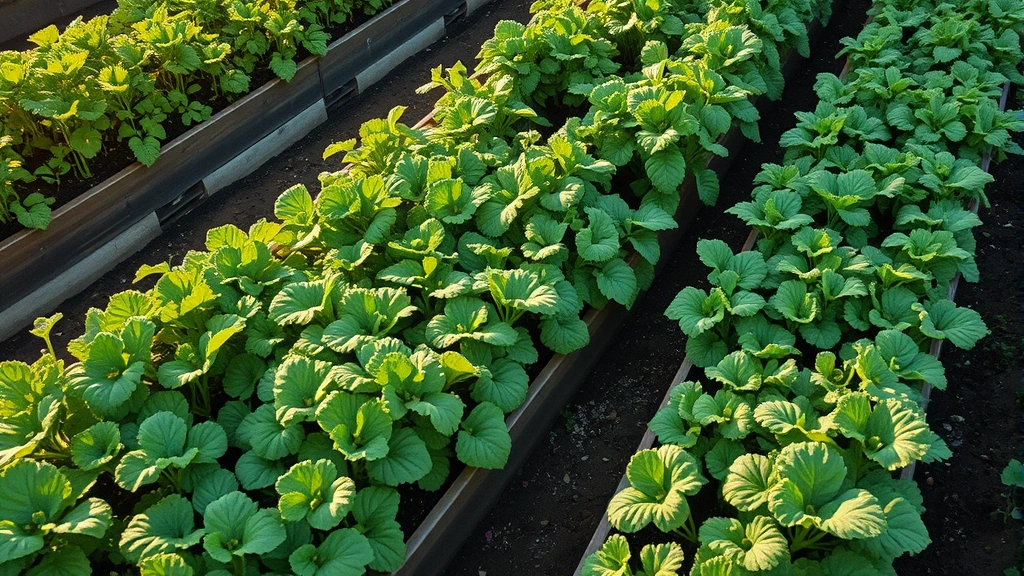 Overhead view of healthy vegetable garden with lush green plants in raised beds, morning sunlight, no people visible, photorealistic daytime lighting